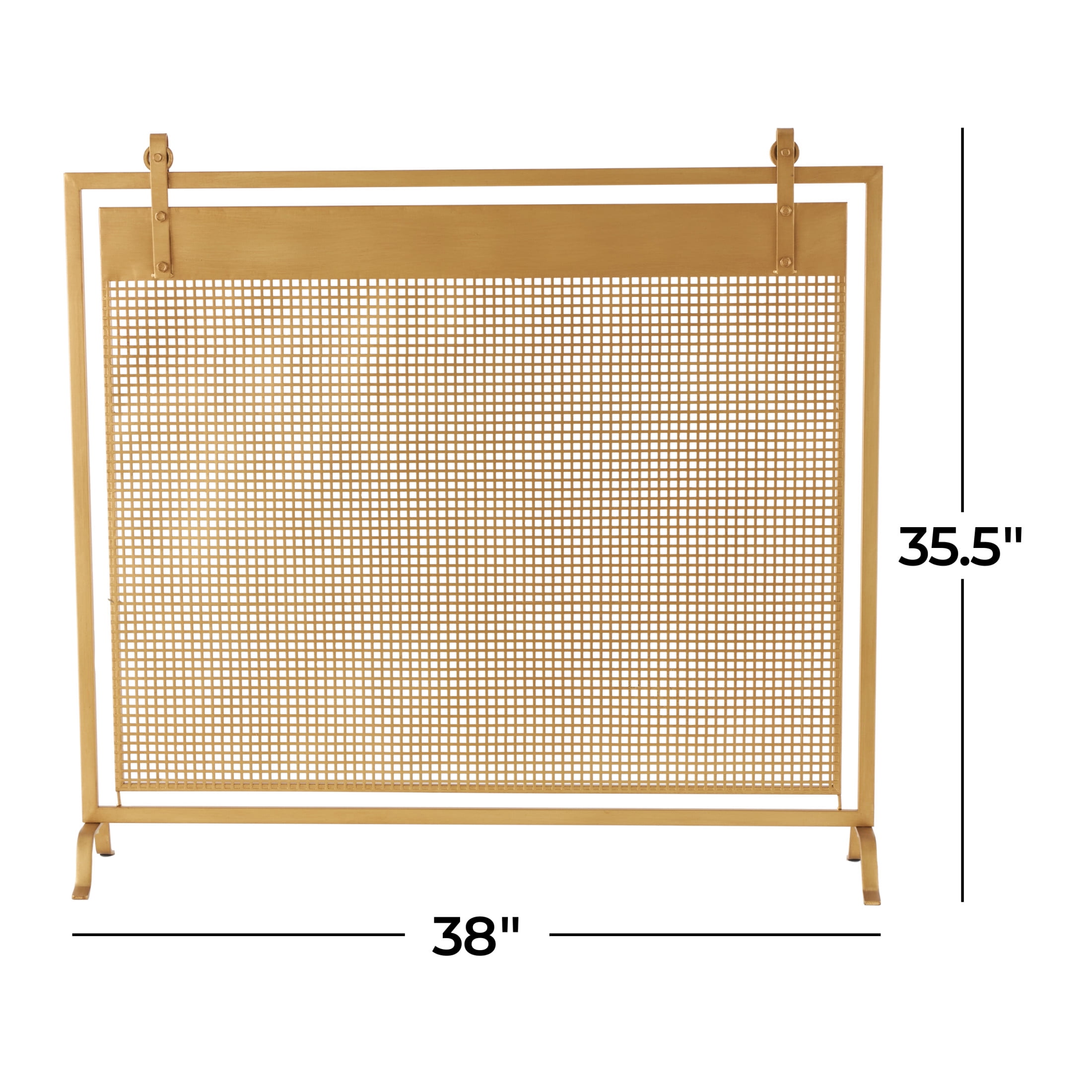 DecMode 38" x 36" Gold Metal Suspended Grid Style Netting Single Panel Fireplace Screen with Bolted Details, 1-Piece