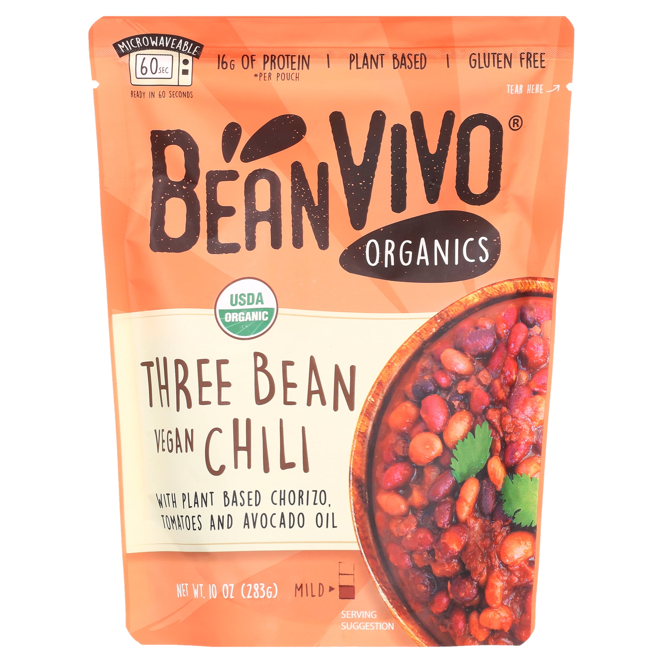 (4 pack) BeanVIVO Organics Three Bean Vegan Chili - Good Source of Fiber - Nutritious & Microwave Meals - Gluten-Free Plant Food - 10 oz Pouch