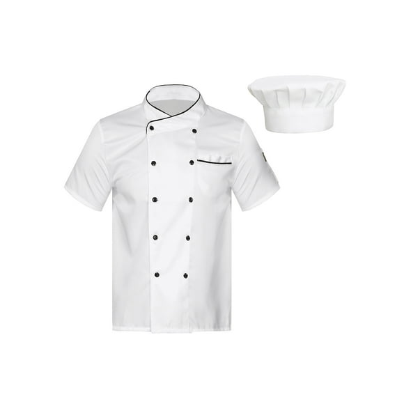 Rswnyirn Men&Women Short Sleeve Chef Jacket Cook Shirt Stand Collar Double-Breasted Chef Coat with Hat Set A02 3XL