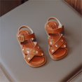 thumbnail image 4 of GiLiling Girls Open-Toe Sandals, Floral Embroidery Adjustable Buckle Ankle Strap, PU Upper Non-Slip TPR Flat Sole, Summer Casual Sandals (Brown, 10-10.5 Years), 4 of 9