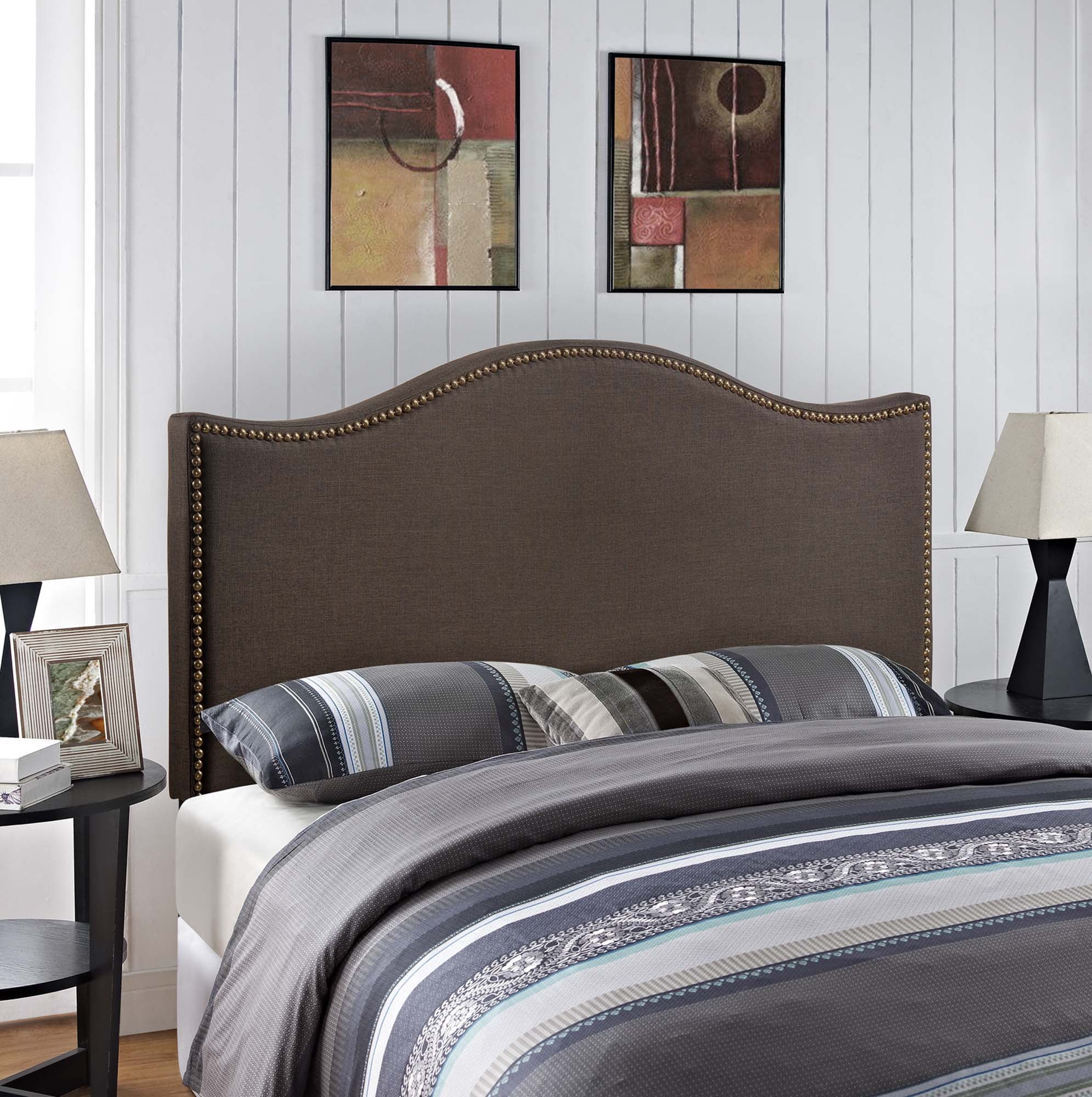 Curl Nailhead Upholstered Queen Headboard in Dark Brown