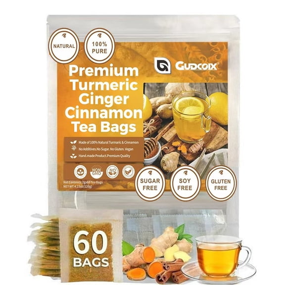 60 Premium Turmeric, Ginger, Cinnamon Blend Tea Bags, 100% Natural & No Additives & Caffeine Free.