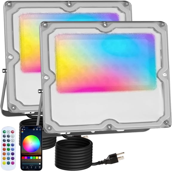 Indmird Outdoor RGB LED Floodlight 30W, with Bluetooth APP and 2.4G Remote Control, IP66 Waterproof Security Lighting for Party, Garden, 2 Pieces