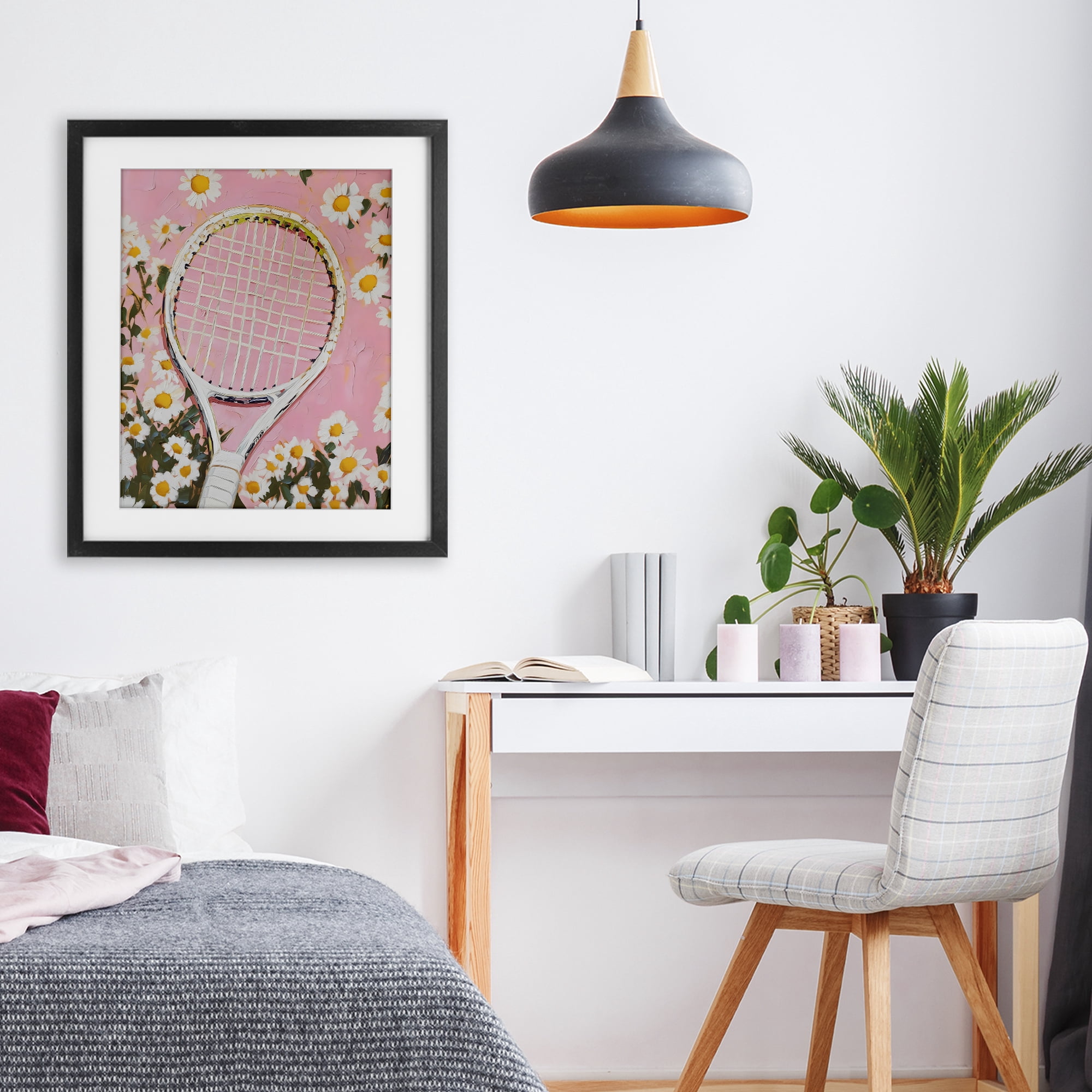 Stupell Industries Pink Tennis Racket & Daisies Black Framed Print Under Glass, design by LSR Design Studio