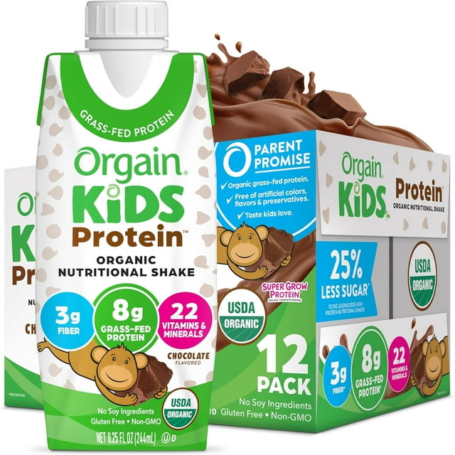 Organic Kids Nutritional Protein Shake, Chocolate, Healthy Kids Snacks, 8g Dairy Protein, 3g Fiber, 22 Vitamins & Minerals, No Soy Ingredients, Gluten Free, Non-GMO, 8.25 Fl Oz (Pack of 12)