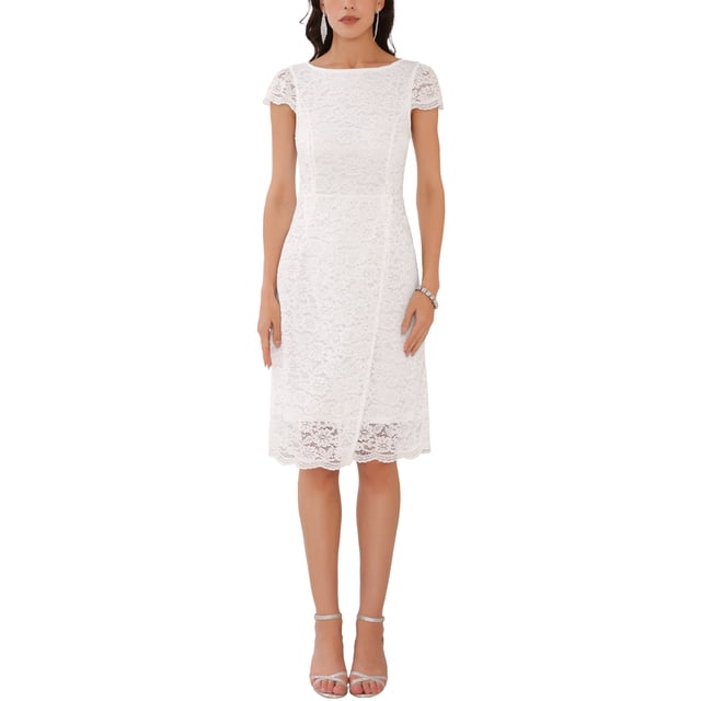 INSPIRAR CHIC Vestidos Midi de Cóctel para Mujeres con Encaje Floral y Mangas Cortas, Cuello Barco, para Invitadas de Boda, Blanco M