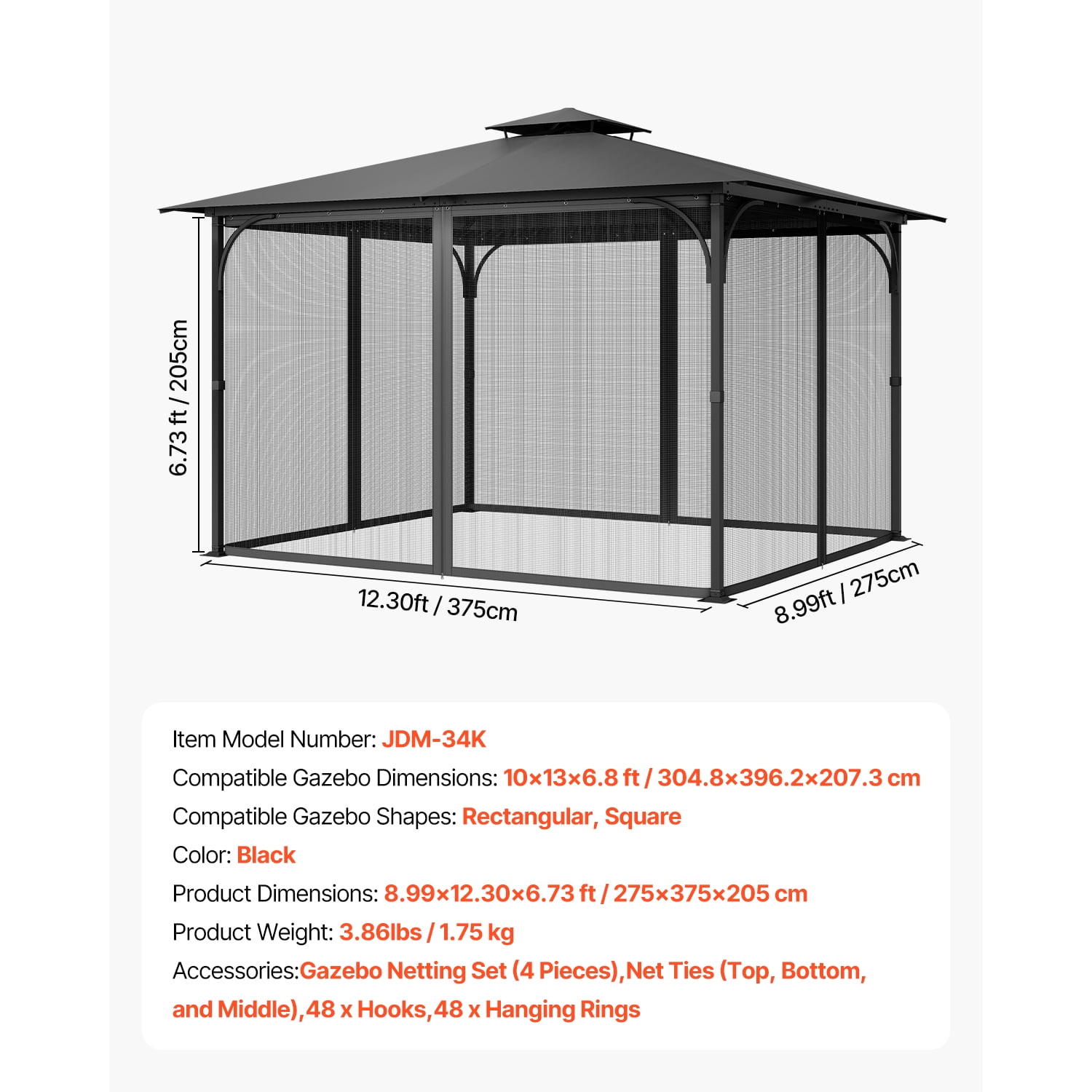 KFFKFF Gazebo Netting Replacement, Compatible with 10 x 13 x 6.8 FT Gazebo, Outdoor Mesh Sidewalls for Garden, 4-Panel Patio Screen with Double Zipper Closure