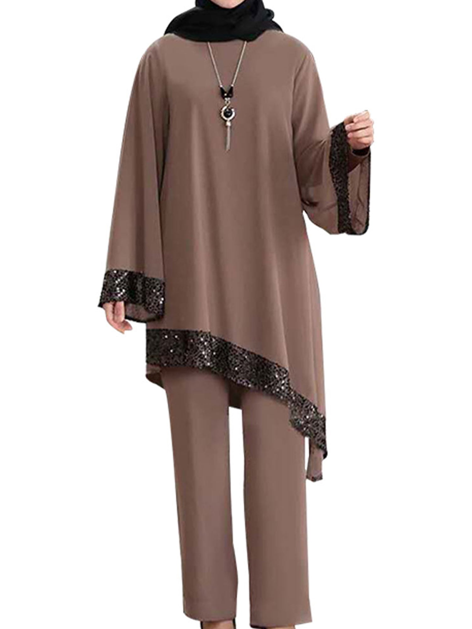 2pcs Set Muslim Women Long Sleeve Tops Trouser Abaya Jilbab Kaftan Clothing Robe