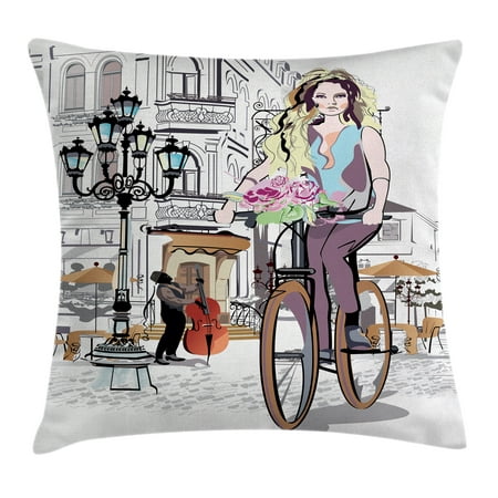 Fashion House Decor Throw Pillow Cushion Cover, Girl with Bike and Roses in a Street Old Town Musician Romantic Tour in City, Decorative Square Accent Pillow Case, 24 X 24 Inches, Pink, by (Best Romantic Cities In Usa)
