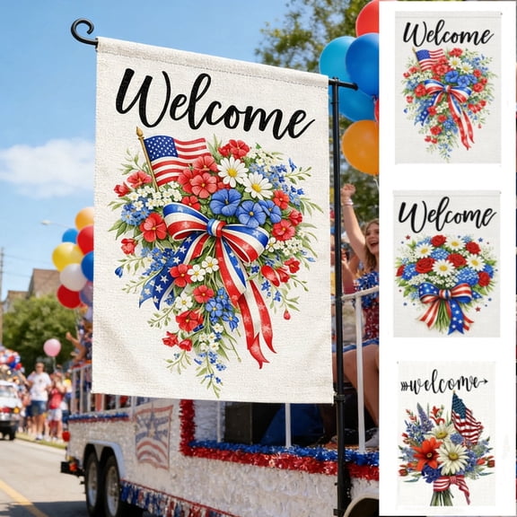 AZXY 4th of July Welcome Garden Flag, Double Sided Floral American Flag Design, Patriotic Bow Ornament, Outdoor Yard Home Decor, 17.7x11.8in