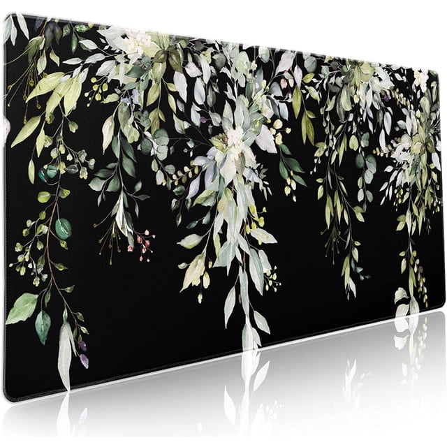 Sage Green Leaves Gaming Mouse Pad XXL Spring Summer Floral Extended Large Desk Mat Black Big Mousepad Non-Slip Rubber Base Stitched Edge Long Mousepad for Desktop Office PC, 35.4 x 15.7 inches