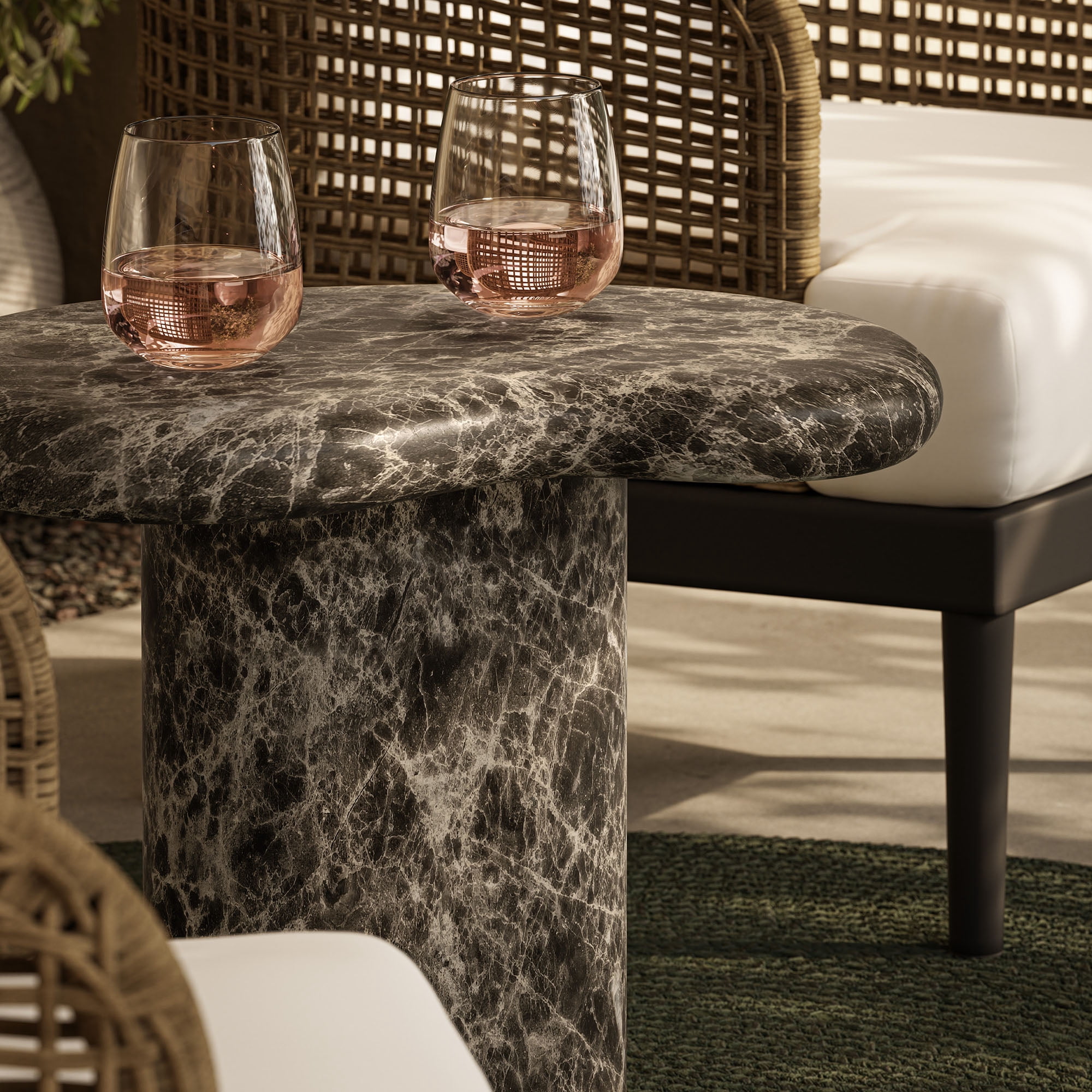 Elowen Outdoor Patio Faux Marble Side Table in Dark Emperador Marble