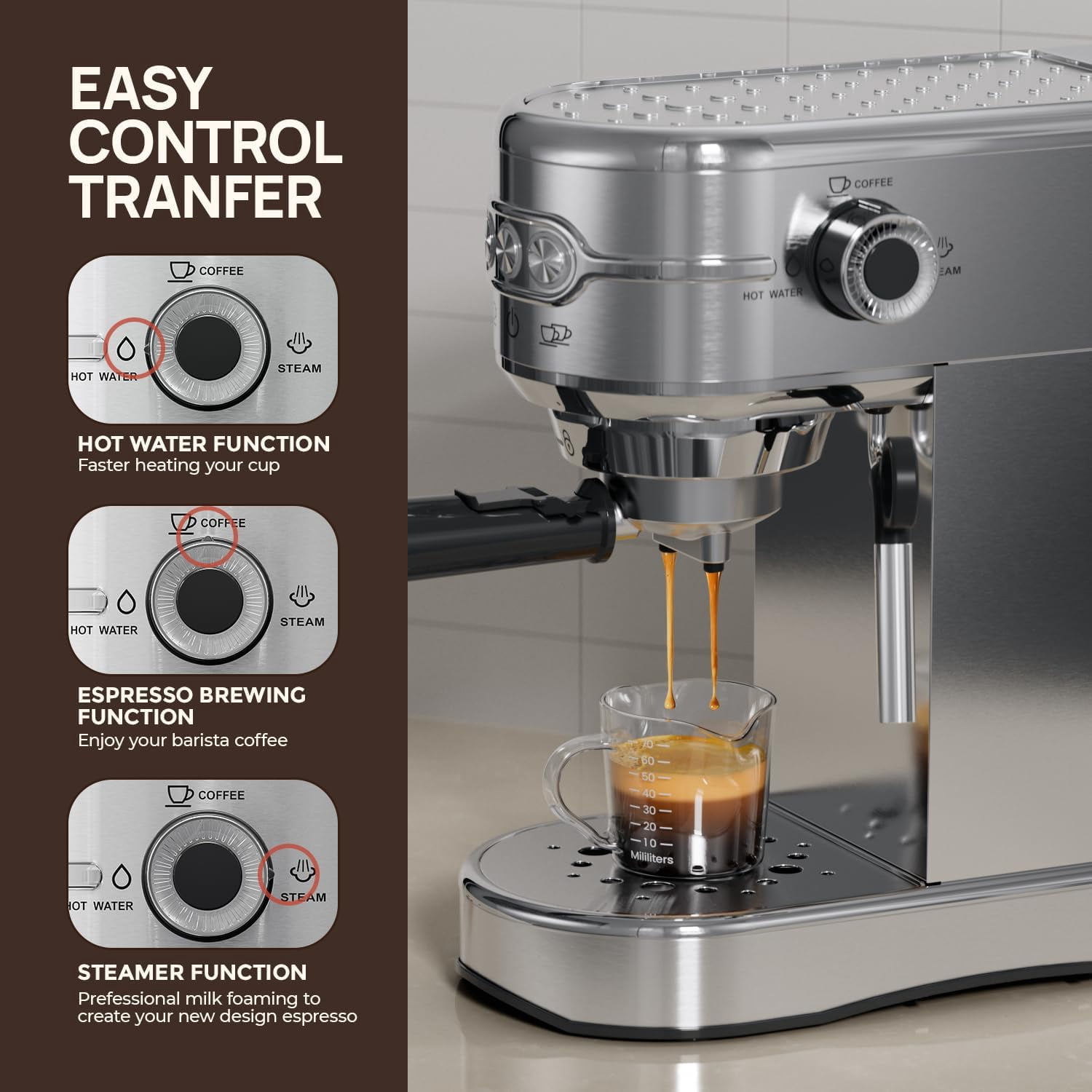 , Compact Espresso Maker, Stainless Steel Expresso Coffee Machines with Steam Milk Frother & 34oz Removable Water Tank for Home, Cappuccino Machine, Great Gift