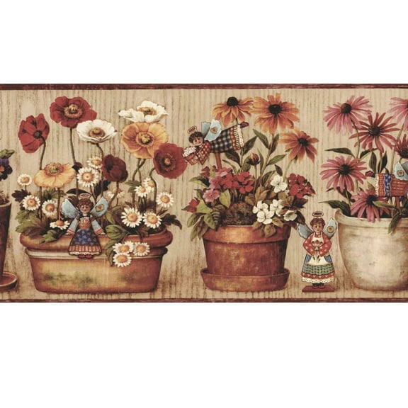 Trimz Country Gardening Angels Sunflower Daisies Flower Pots on Shelf Wallpaper Border, Brown, Pre-pasted 15 ft x 9 in.