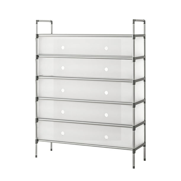 Zapatero de varios niveles con estructura metálica, resistente y apilable, ideal para armario, dormitorio, pasillo y sala de estar. Construcción duradera de plástico y acero, fácil de montar.