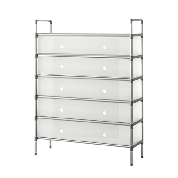 Zapatero de varios niveles con estructura metálica, resistente y apilable, ideal para armario, dormitorio, pasillo y sala de estar. Construcción duradera de plástico y acero, fácil de montar.
