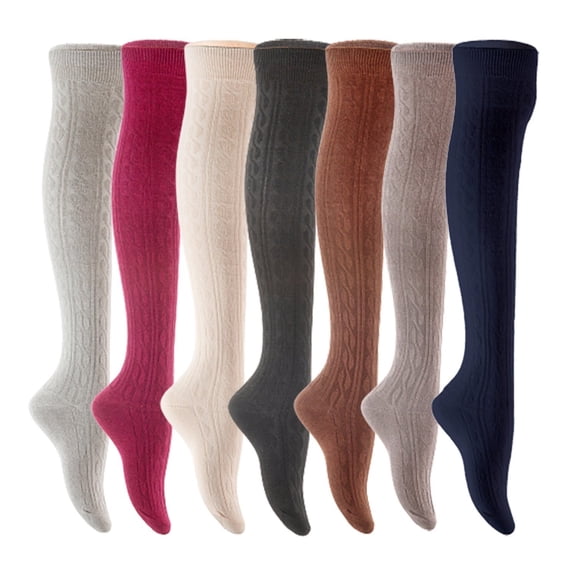 Lian LifeStyle Women's 7 Pair Adorable Comfortable Soft Thigh High Over Knee High Cotton Socks Size 6-9 L1024 Light Grey,Wine,Cream,Black,Coffee,Dark Grey,Navy