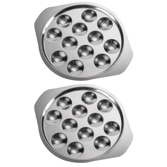 2Pcs Escargot Plate Stainless Steel Snail Plate Conch Baking Tray Kitchen Gadget. Set of two silver stainless steel escargot plates, each with 12 rounded compartments for holding shellfish such as escargots, conchs, and oysters. Durable, oven-safe, and dishwasher-safe, with ergonomic handles and a smooth finish for professional and personal use.