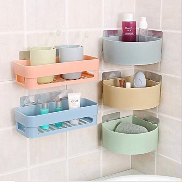 Multipurpose Kitchen & Bathroom Shelf Wall Holder Storage, Triangle Shelve With Adhesive Magic Sticker, Multicolor (2 Shelve + 3 Tringle Shelve) Pack Of 5