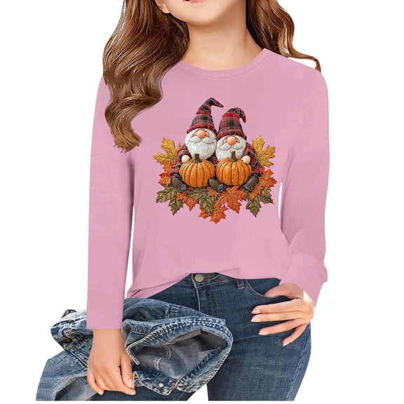 Thanksgiving Day Outfits Long Sleeve Cotton T-Shirts for Girls Pumpkin Plaid Printed Crewneck Fall Tops Tshirts (10-11 Years, Pink 08)
