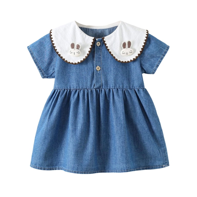 Kids Girls Blue Denim Bunny Embroidery Peter Pan Collar Short Sleeve A-Line Cotton Stretch Casual Spring Easter Dress for Kids Girl 2T 3T 4T,Size 18 Months