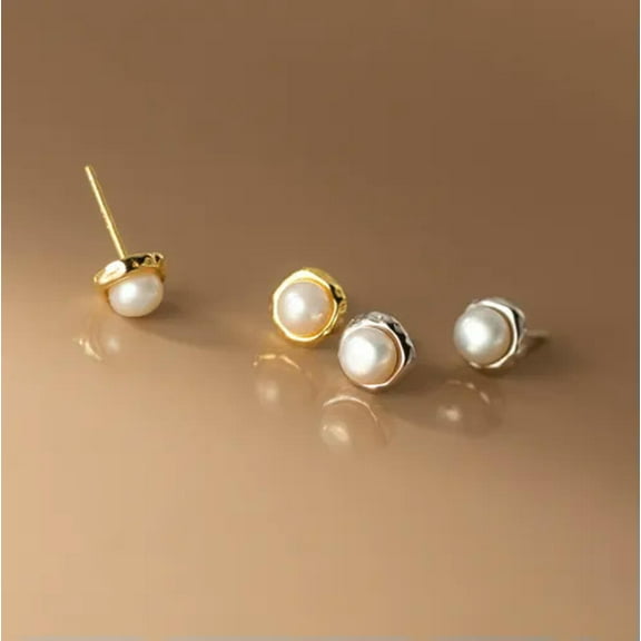 K-KED Shiny Solid 925 Sterling Silver Cute Small Freshwater Pearl Stud Earrings Gift-Gold