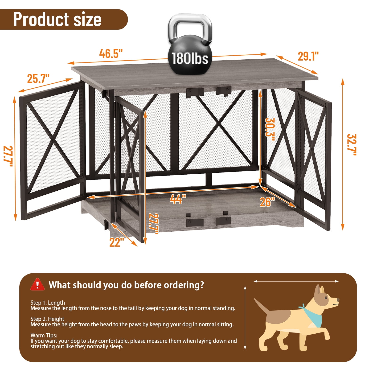 48 inch Extra Large Dog Crate Furniture,Double Door Indoor Kennel,End Side Table Wooden Dog Crates,Anti-Chew Anti-Escape, Gray