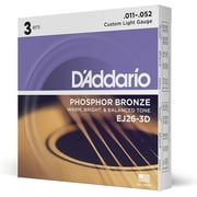 D'Addario Guitar Strings - Phosphor Bronze Acoustic Guitar Strings - EJ26-3D - Rich, Full Tonal Spectrum - For 6 String Guitars - Custom Light, 3-Pack Custom Light, Pack