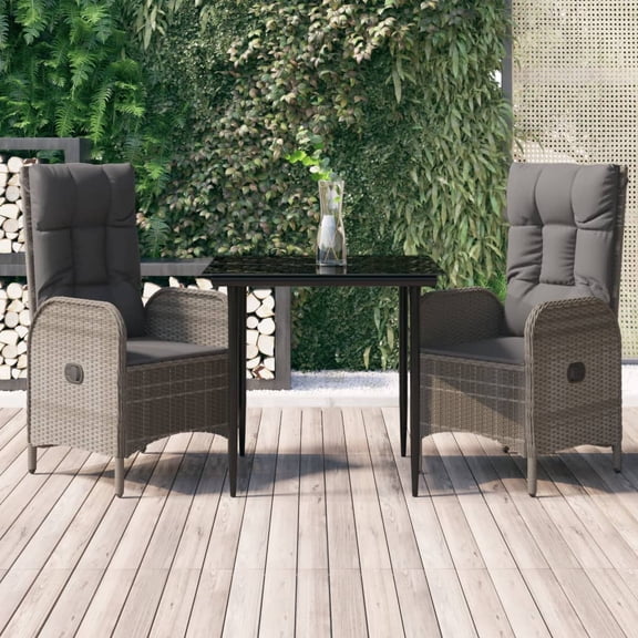 vidaXL 3 Piece Patio Dining Set with Cushions Black and Gray Poly Rattan