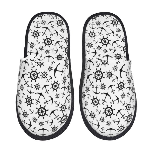 Balery Nautical Themed Simple Anchors Pantuflas de Casa de Felpa Silenciosas con Diseño Estampado, Zapatillas Cómodas Antideslizantes de Algodón para Interior-Large