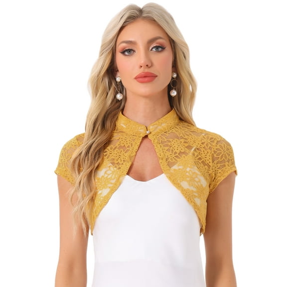 DARING DIVA Women's Lace Cardigan Stand Collar Short Shrugs L Yellow