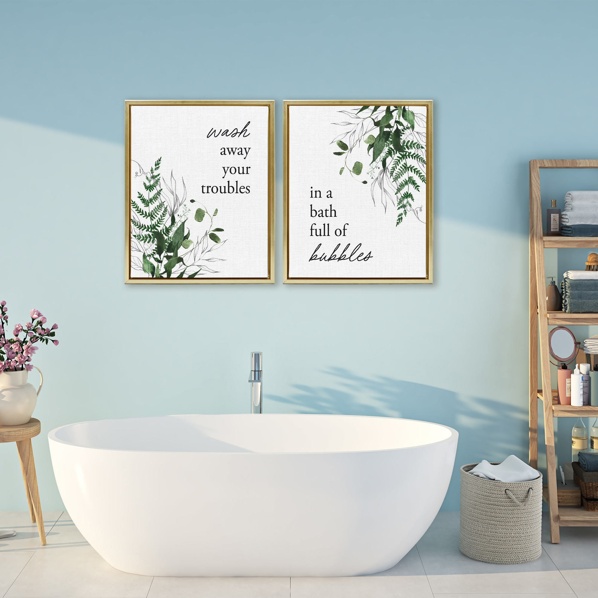Bubble Bath with Forest Foliage 2 Piece Gold Framed Floater Canvas Set, design by Lettered and Lined