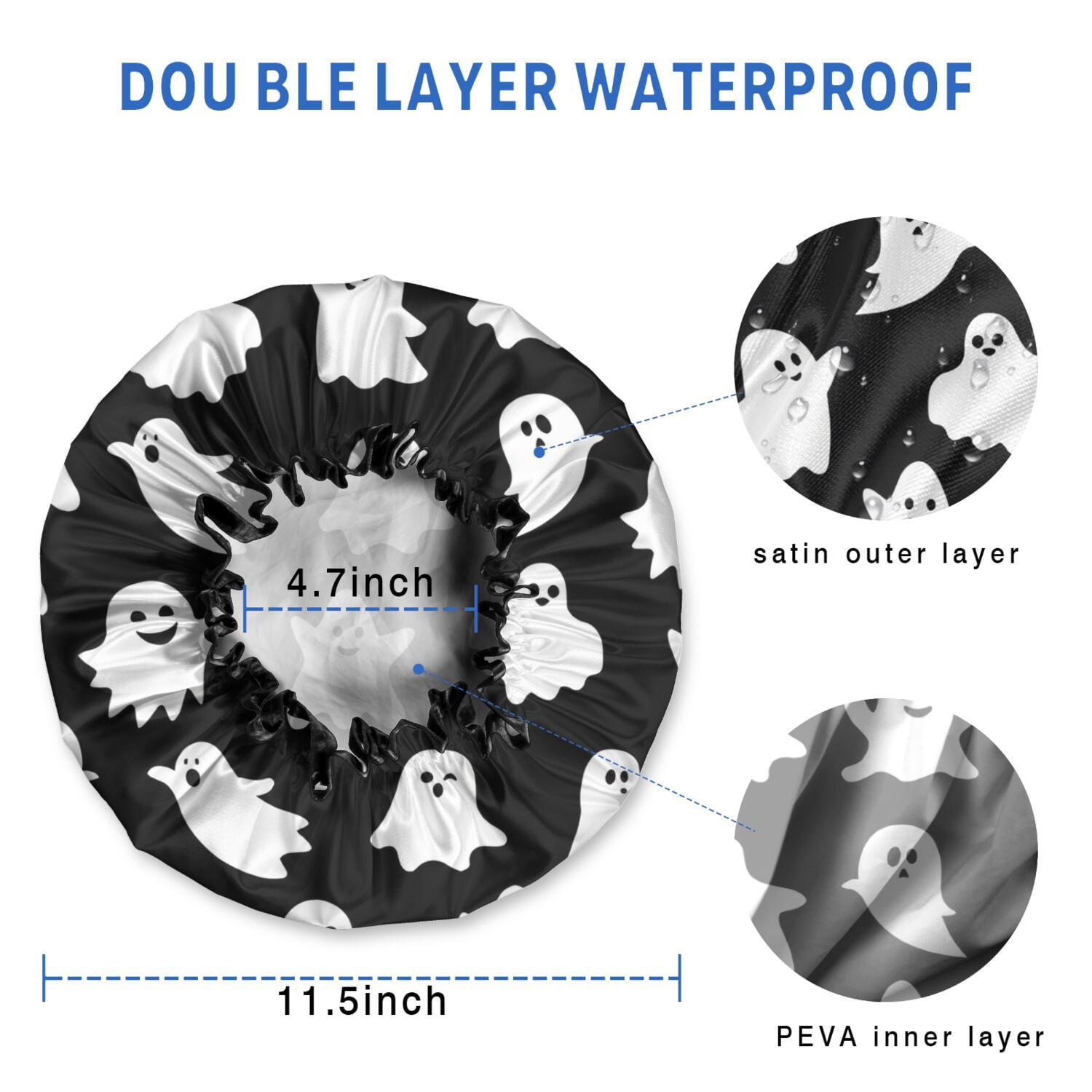 Shower Caps,Black Halloween Ghosts Waterproof Shower Cap for Women 4 Pieces,Double Reusable Hair Cover for Shower PEVA Elastic Stretch Hem