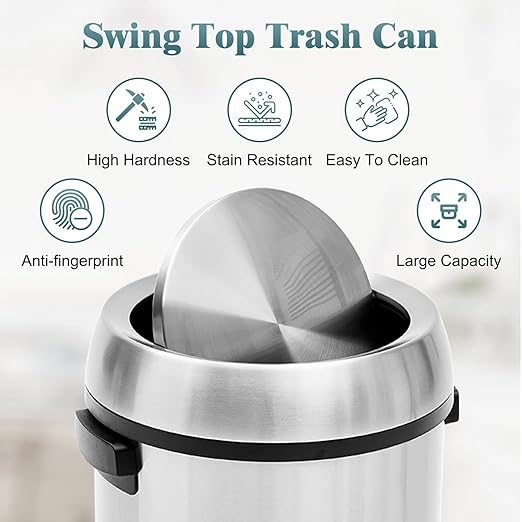 65L/17Gal Trash Can with Swing Top, Commercial Grade Heavy Duty Brushed