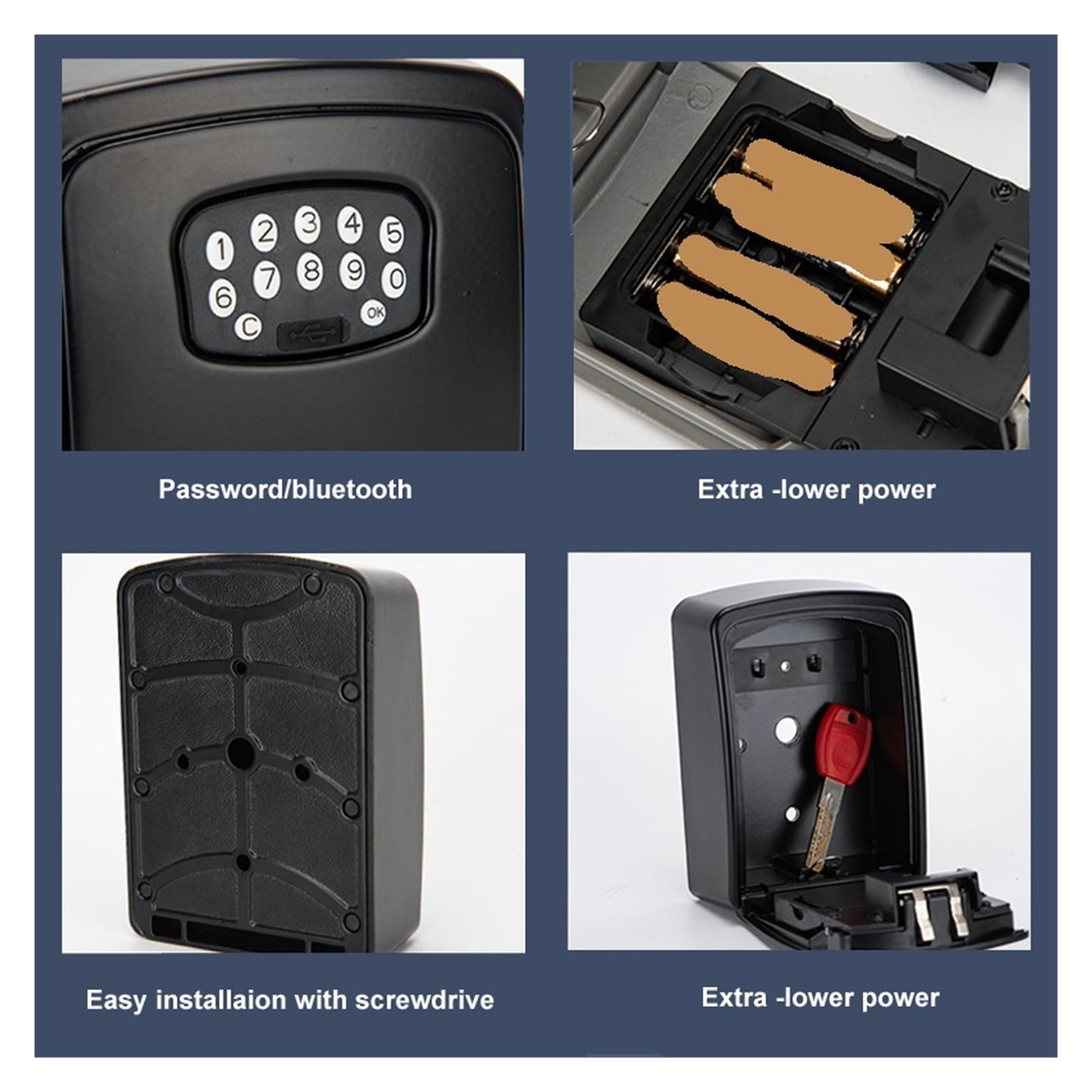 Fingerprint or Password Safe Key Bluetooth Storage Lock Box Wall Mount Security Anti-Theft Lockbox ,Additional Security