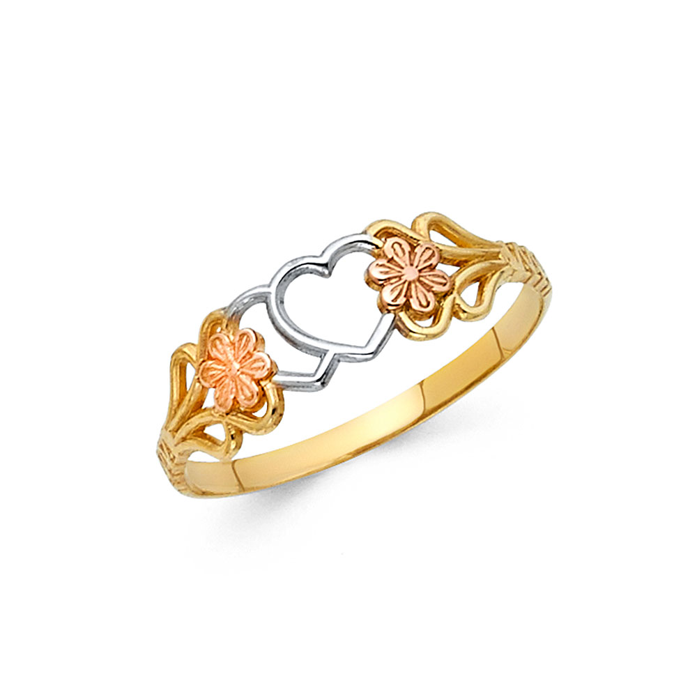 Solid 14k Yellow White Rose Gold Heart Ring with Flowers Love Band Diamond Cut Tri Color 6MM Size 9 Solid 14k Yellow White Rose Gold Heart Ring with Flowers Love Band Diamond Cut Tri Color 6MM Size 9