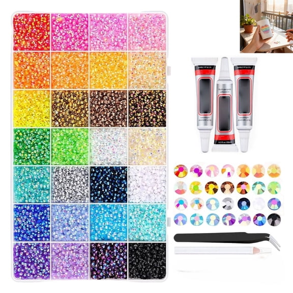 3mm Resin Rhinestones Bedazzler Kit with Tweezers Glue for DIY Crafts Clothing Shoes Nail Art,A,28 grids of 30000 pieces glue * 3 tweezers * 1 adhesive pen * 1
