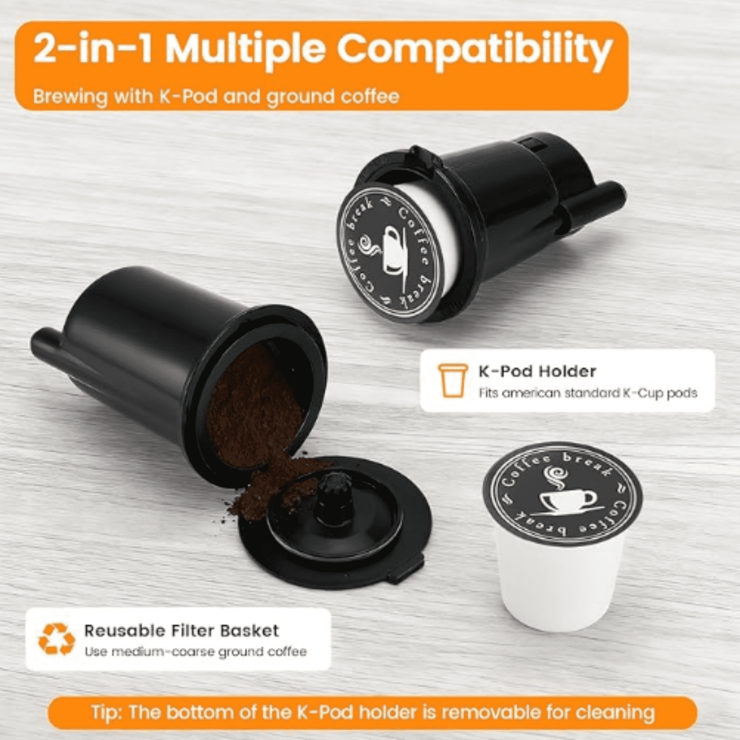 Single Serve Coffee Maker for  Pod and Grounds, Hot and Iced Coffee Maker, Strong Button Feature, 6 to 14oz Brew Sizes, 50oz Removable Reservoir, Up to 6.5 Inch Cup, Stainless Steel, Black