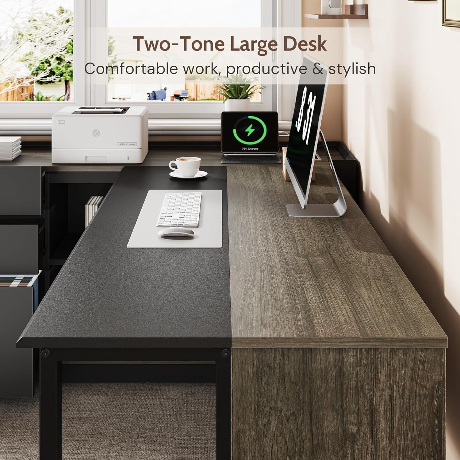 Vividwood 70" L-Shaped Executive Desk with Cabinet Storage, 3 Drawers, Storage Shelves, CPU Stand