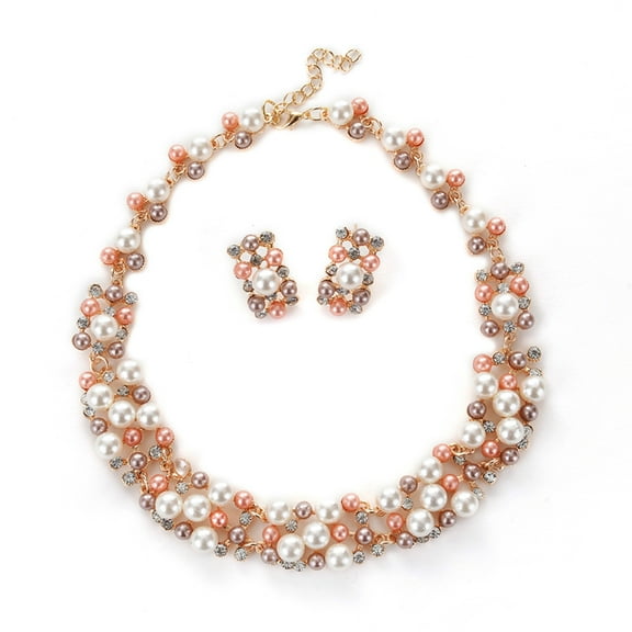 AQRS Elegant Rose Gold Plated Faux Pearl Crystal Inlay Collar Necklace Earrings Set