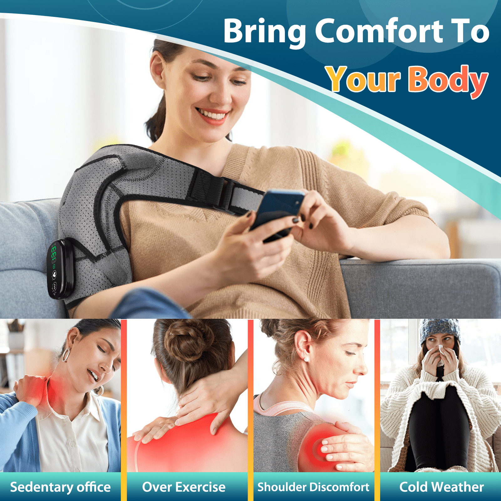 Heated Shoulder Pad with Massage, Wireless Shoulder Heating Wrap Brace with 3 Vibration, Eletric Shoulder Massager Heated Shoulder Brace Relief for Women Men