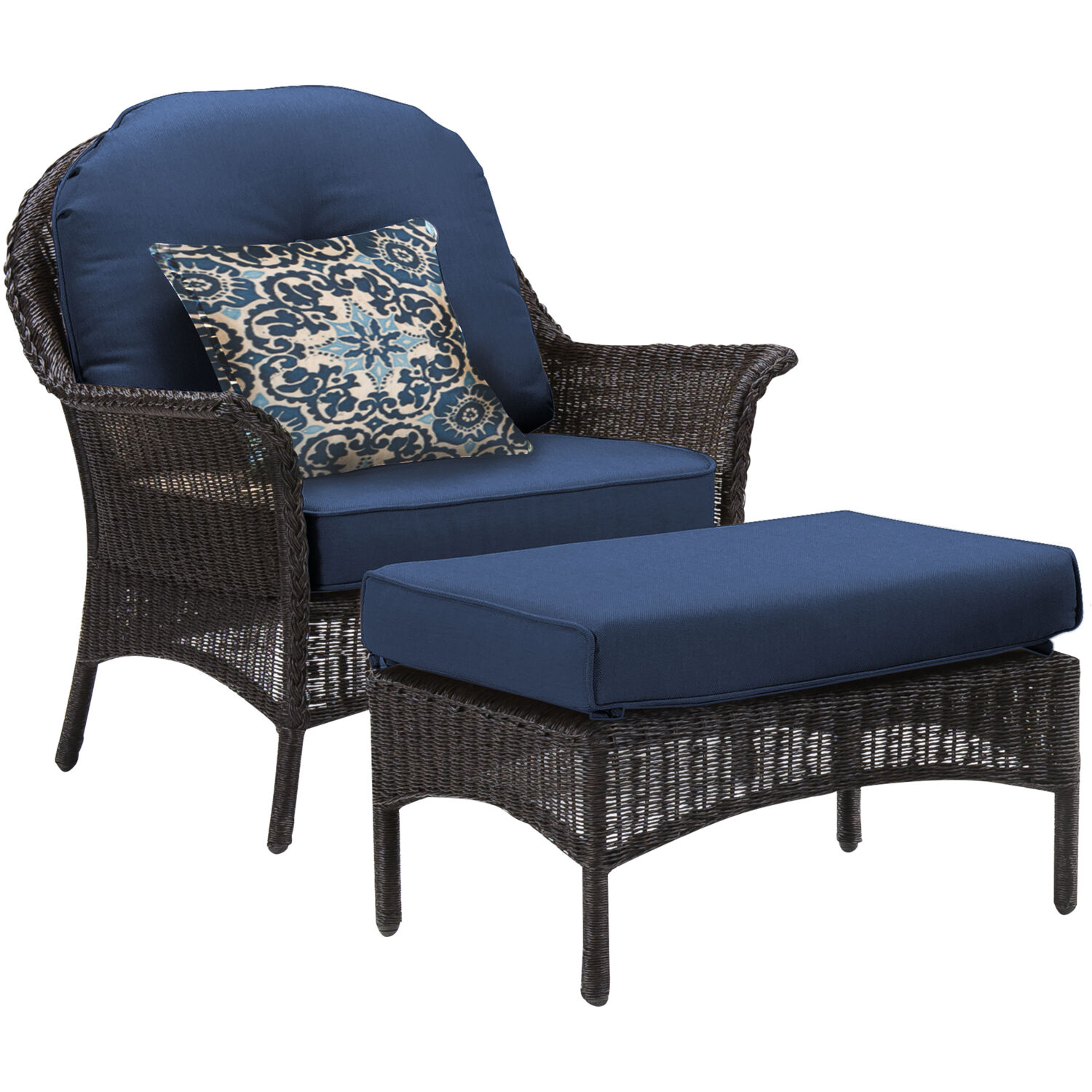 Hanover Sun Porch 6-Pc. Resin Lounge Set w/ Handwoven Loveseat, 2 Armchairs, 2 Ottomans, Coffee Table and Plush Navy Blue Cushions - image 5 of 14