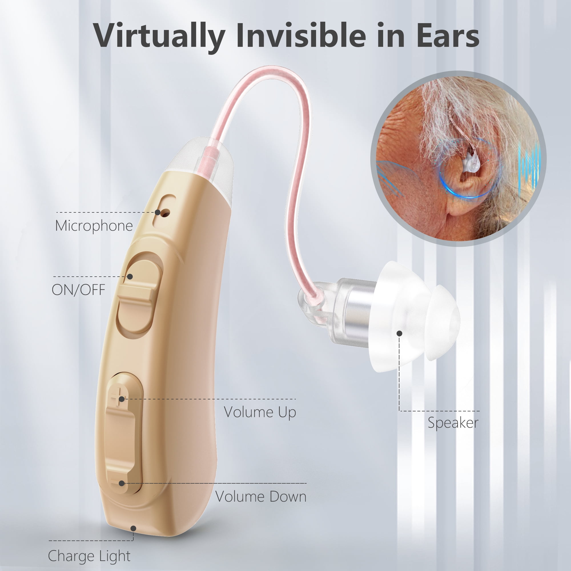 Personal Sound Amplifiers for Ears with Noise Reduction, Mini Invisible Rechargeable Digital Personal Sound Amplifier for Seniors, 2pcs ,Beige