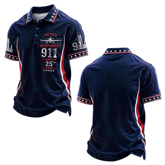 EANJE Men's 9/11 25th Anniversary Shirt Never Forget Polo Shirt Patriotic Top | 911 Memorial Shirts, Polo Collar Short Sleeve Outfits Remember Honor Courage And Freedom Tops Black L