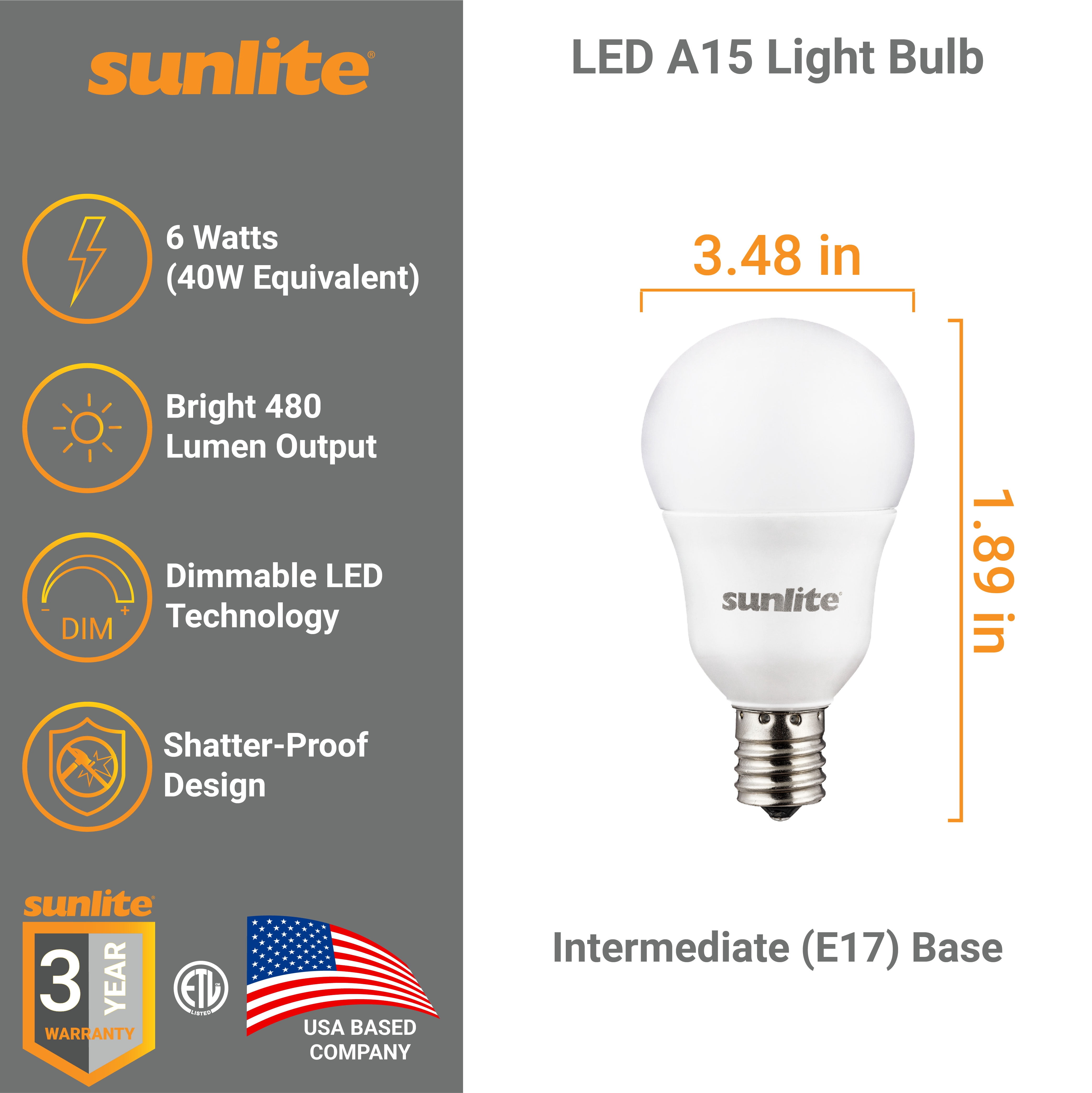 Sunlite 41831 LED A15 Light Bulb, 6 Watts (40W Equivalent), Intermediate Base (E17), 480 Lumens, Dimmable, Frosted Finish, ETL Listed, for Ceiling Fan Use, 2700K Soft White, 6 Count