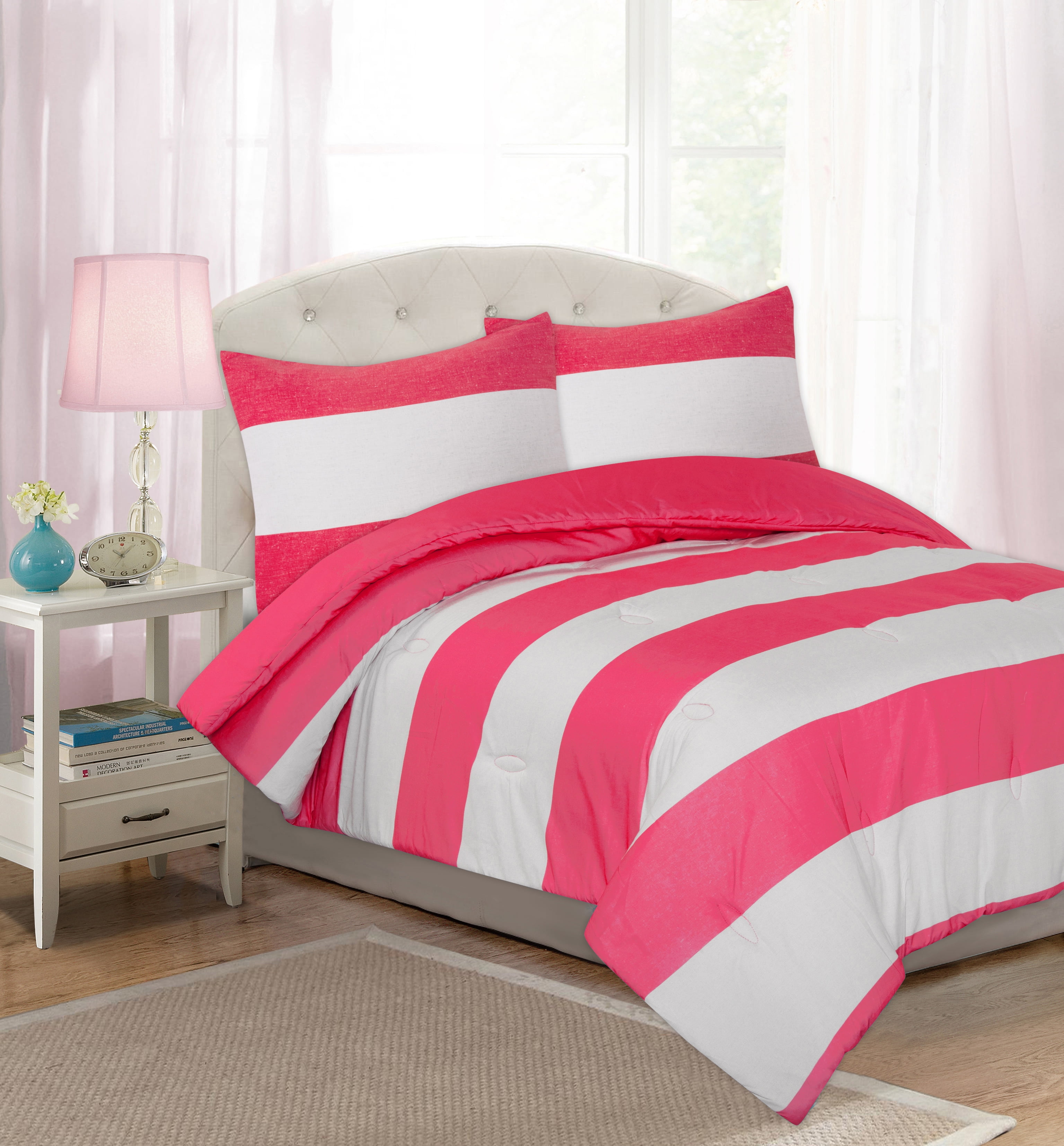 Twin XL Full Queen Bed Pink Navy Blue Cabana Striped 7 pc Comforter Set Bedding 