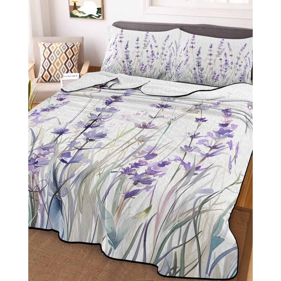 Lavender Floral King Size Down Alternative Comforter, Lightweight Comforter Quilt Bedding Set with Pillow Shams Spring Flowers Botanical Plants All Seasons Bed Comforter Duvet Insert 96"x106"