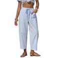 thumbnail image 2 of Women's Casual Barrel Pants Summer Striped Drawstring Wide Leg Trousers Beach Lounge Capri Pants with Pockets Sky Blue 2XL, 2 of 8