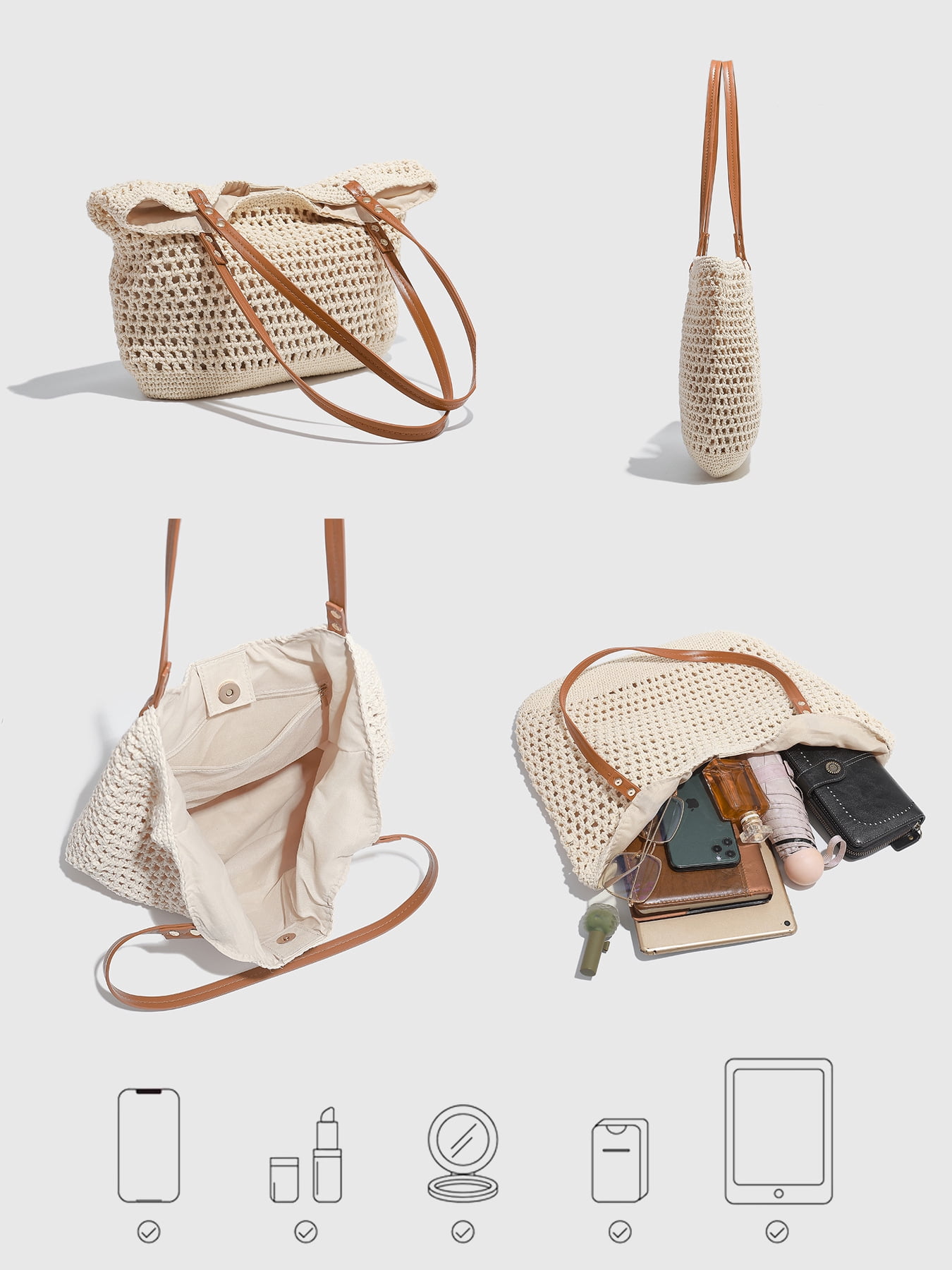 PRIYAL Crochet Beach Bag Purse, Boho Woven Tote with Leak-Proof Lining For Summer Vacation Travel Casual Shoulder Bag Soft