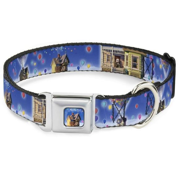 Disney Pet Collar, Dog Collar Metal Seatbelt Buckle, Up Carl on Porch Flying House Balloons, 9.5 to 13 Inches 1.0 Inch Wide